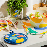 Poketo Bamboo Tableware collection with pot holder in blue elements