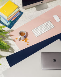 Minimalist Desk Mat in Blush, Gray and Navy in a work station setting. 