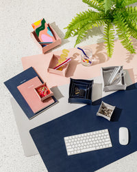 Minimalist Desk Mat in Blush, Gray and Navy in a workstation setting. 