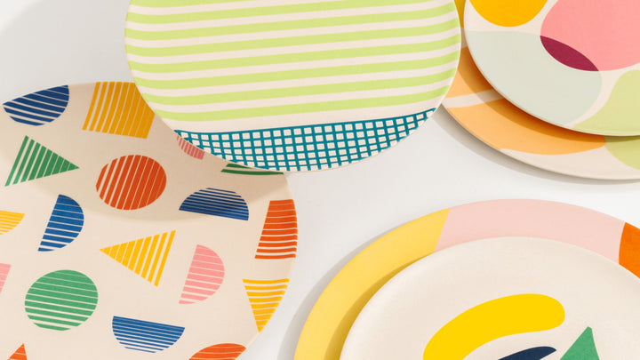 Close up of Poketo Dinnerware on a white background. 